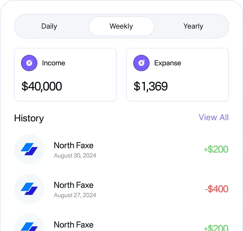 A week view: $40,000 taken against $1,369 of fees, above a list of recent payments