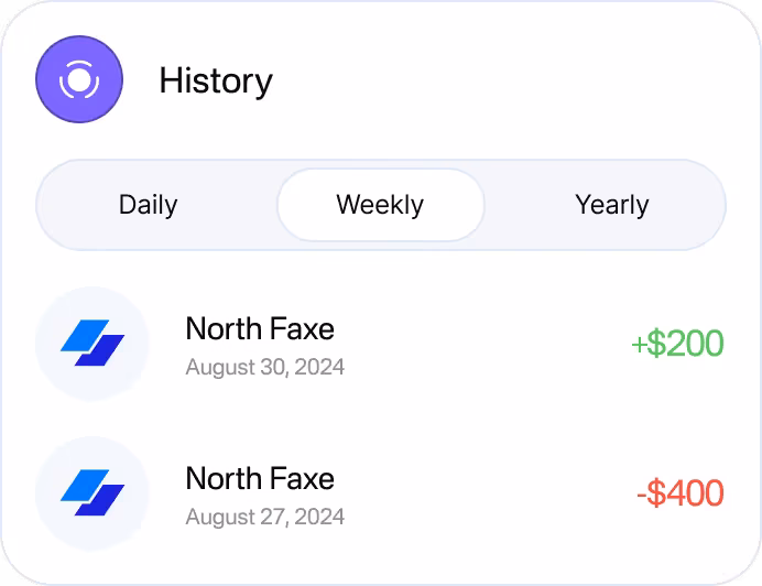 A payment history card with daily, weekly and yearly tabs